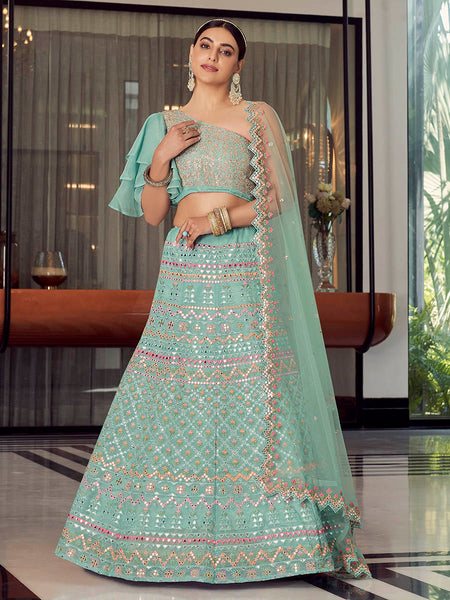 Myra Turquoise Organza Floral Print Embroidered Designer Lehenga