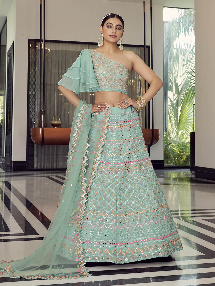 Myra Turquoise Organza Floral Print Embroidered Designer Lehenga