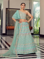 Myra Turquoise Organza Floral Print Embroidered Designer Lehenga