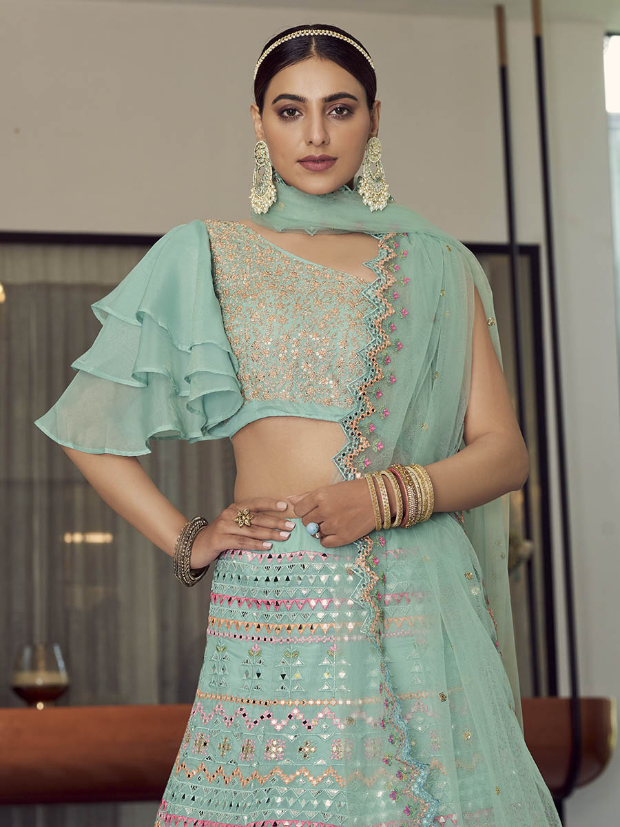 Myra Turquoise Organza Floral Print Embroidered Designer Lehenga