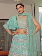 Myra Turquoise Organza Floral Print Embroidered Designer Lehenga