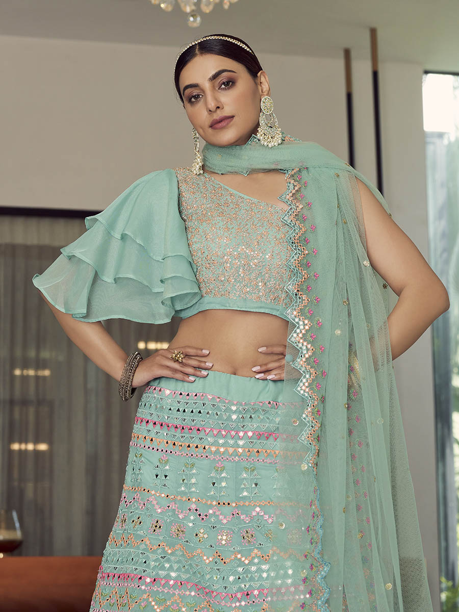 Myra Turquoise Organza Floral Print Embroidered Designer Lehenga