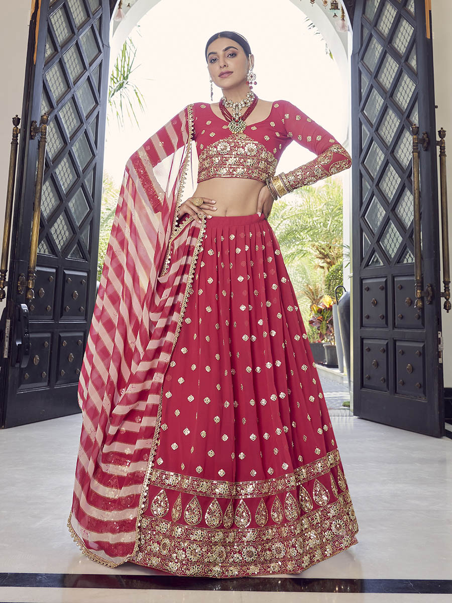 Myra Coral Red Georgette Embroidered Designer Lehenga