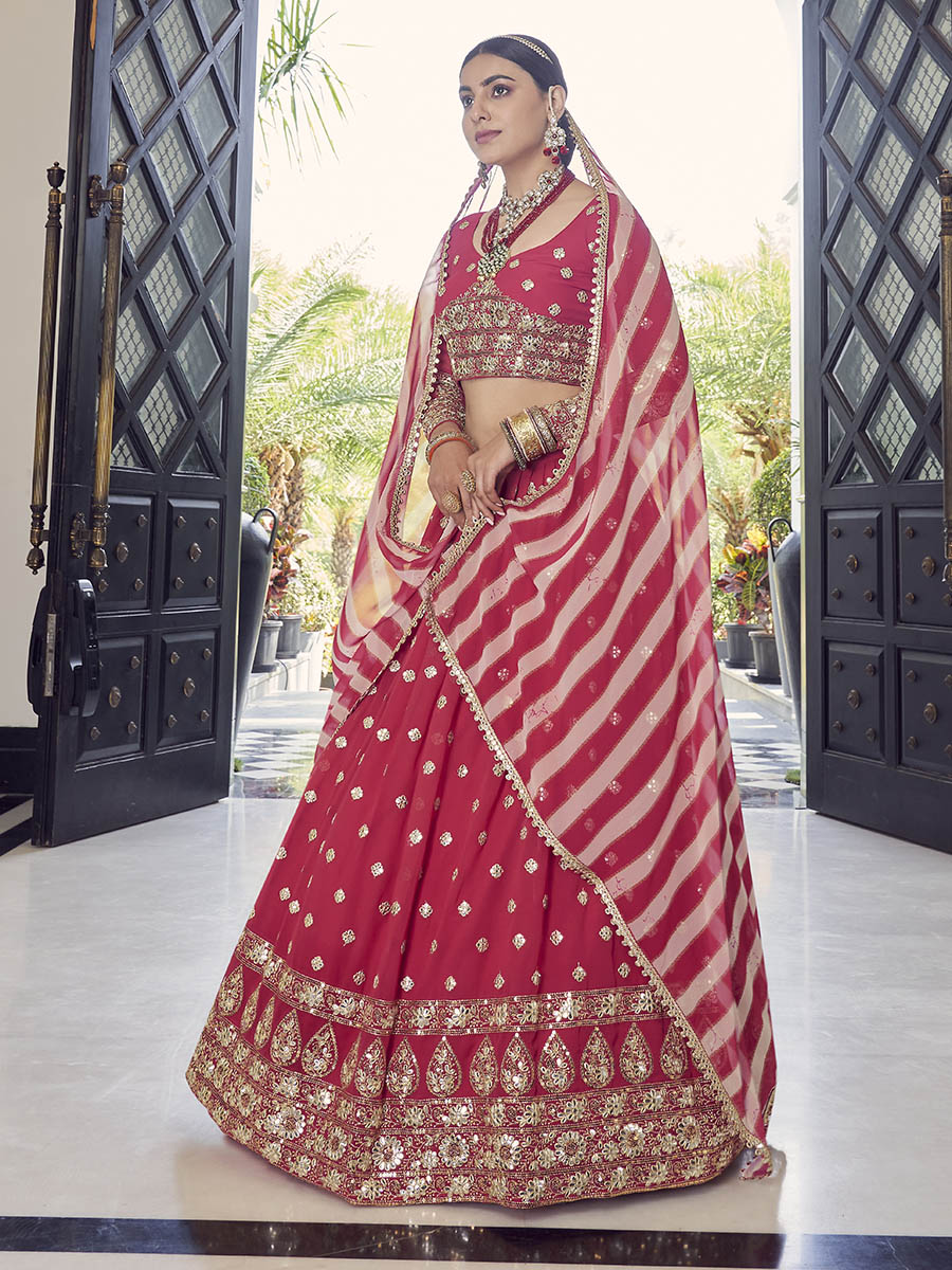 Myra Coral Red Georgette Embroidered Designer Lehenga