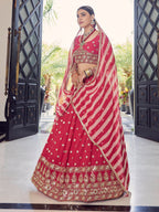 Myra Coral Red Georgette Embroidered Designer Lehenga
