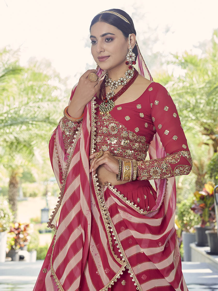 Myra Coral Red Georgette Embroidered Designer Lehenga