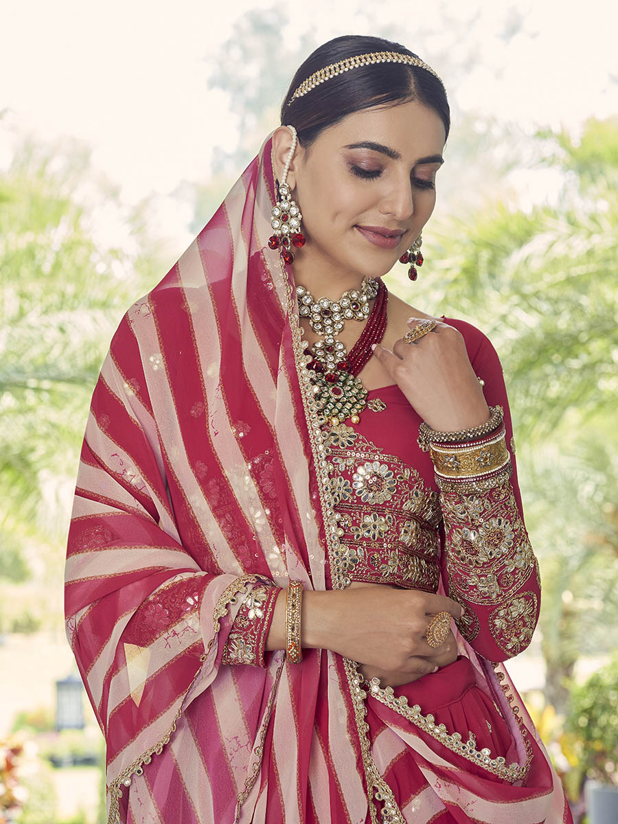 Myra Coral Red Georgette Embroidered Designer Lehenga