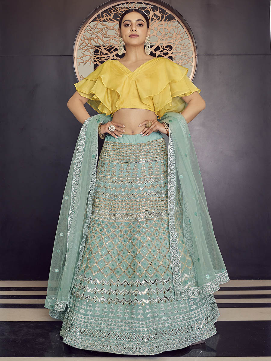 Myra Turquoise Organza Embroidered Designer Lehenga