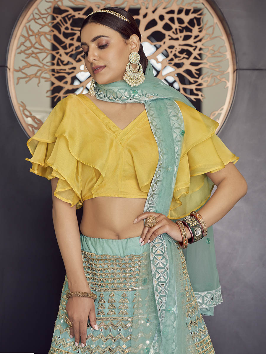 Myra Turquoise Organza Embroidered Designer Lehenga
