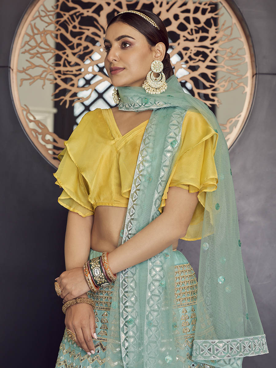 Myra Turquoise Organza Embroidered Designer Lehenga