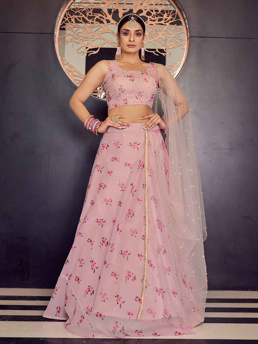 Myra Baby Pink Georgette Embroidered Designer Lehenga