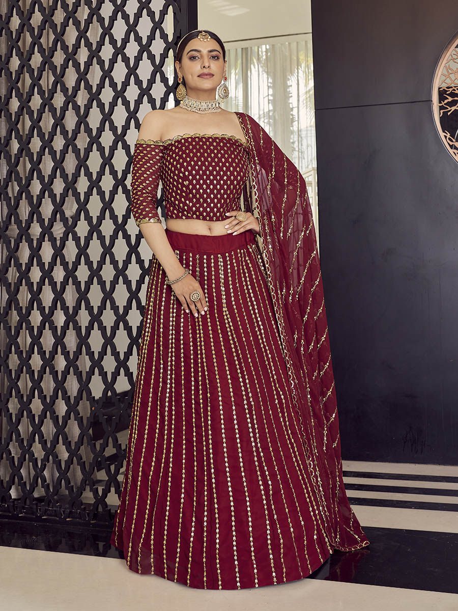 Myra Maroon Georgette Embroidered Designer Lehenga