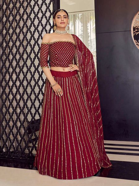 Myra Maroon Georgette Embroidered Designer Lehenga
