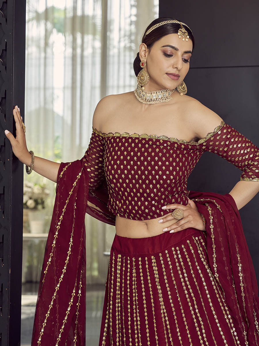 Myra Maroon Georgette Embroidered Designer Lehenga