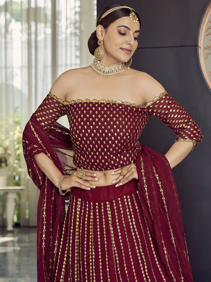 Myra Maroon Georgette Embroidered Designer Lehenga