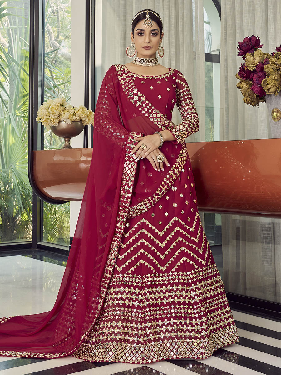 Myra Coral Red Georgette Embroidered Designer Lehenga