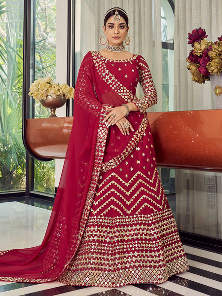 Myra Coral Red Georgette Embroidered Designer Lehenga