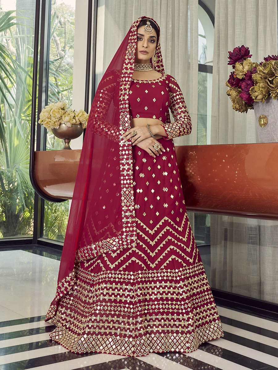 Myra Coral Red Georgette Embroidered Designer Lehenga