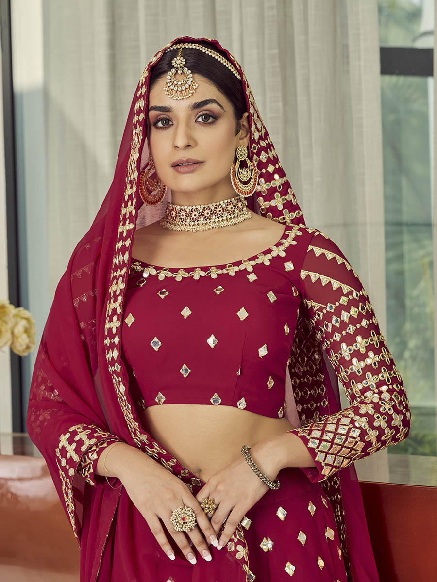 Myra Coral Red Georgette Embroidered Designer Lehenga