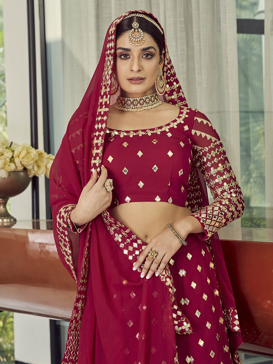 Myra Coral Red Georgette Embroidered Designer Lehenga