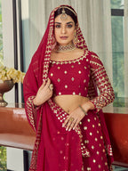 Myra Coral Red Georgette Embroidered Designer Lehenga