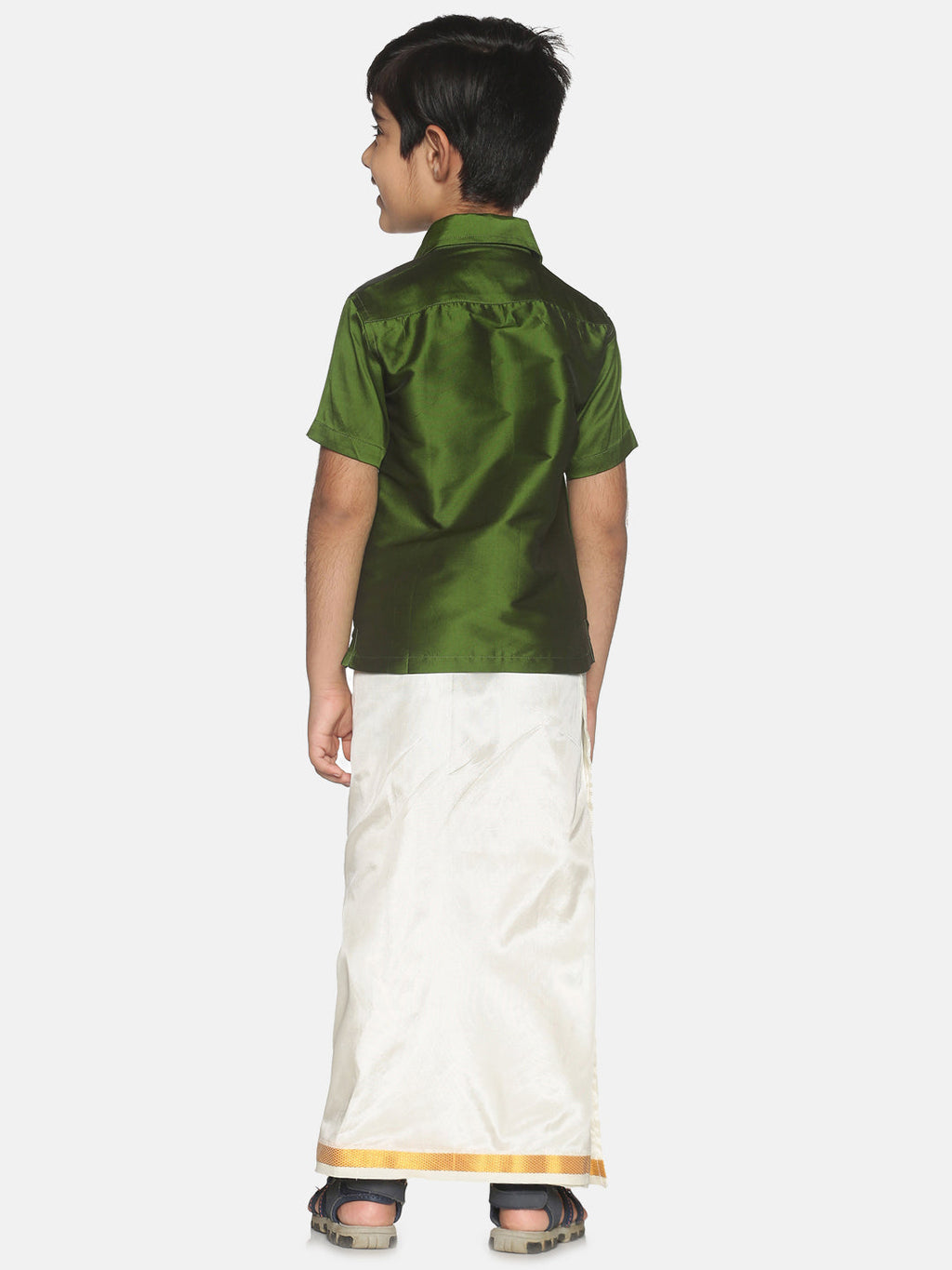 Sethukrishna Boys Green Shirt & Cream-Coloured & Zari Border Veshti Set