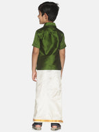 Sethukrishna Boys Green Shirt & Cream-Coloured & Zari Border Veshti Set