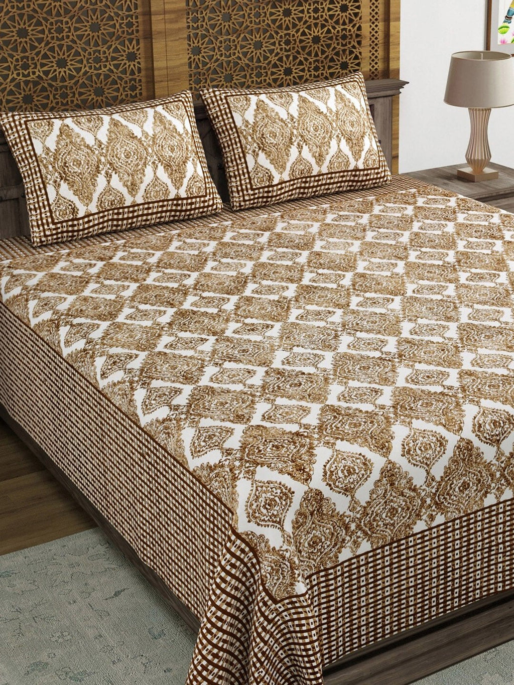 Sangria Brown & White Printed Cotton 210TC Double King Bedsheet With 2 Pillow Covers