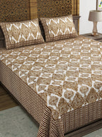 Sangria Brown & White Printed Cotton 210TC Double King Bedsheet With 2 Pillow Covers