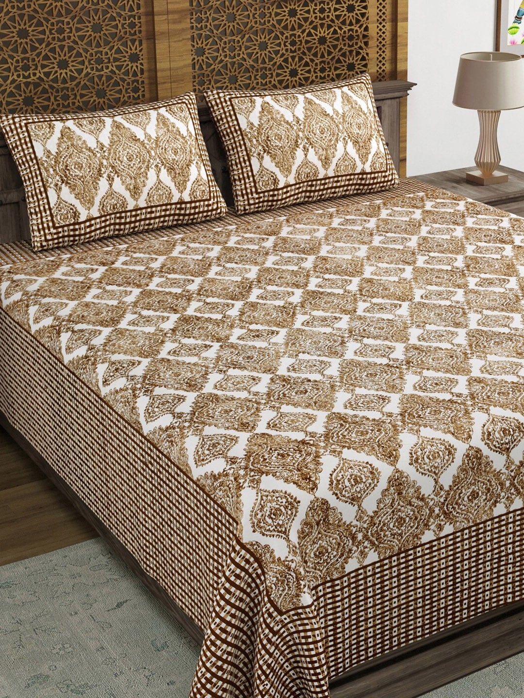Sangria Brown & White Printed Cotton 210TC Double King Bedsheet With 2 Pillow Covers