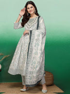 Sangria White & Green Floral Printed A-Line Kurta With Trouser & Dupatta