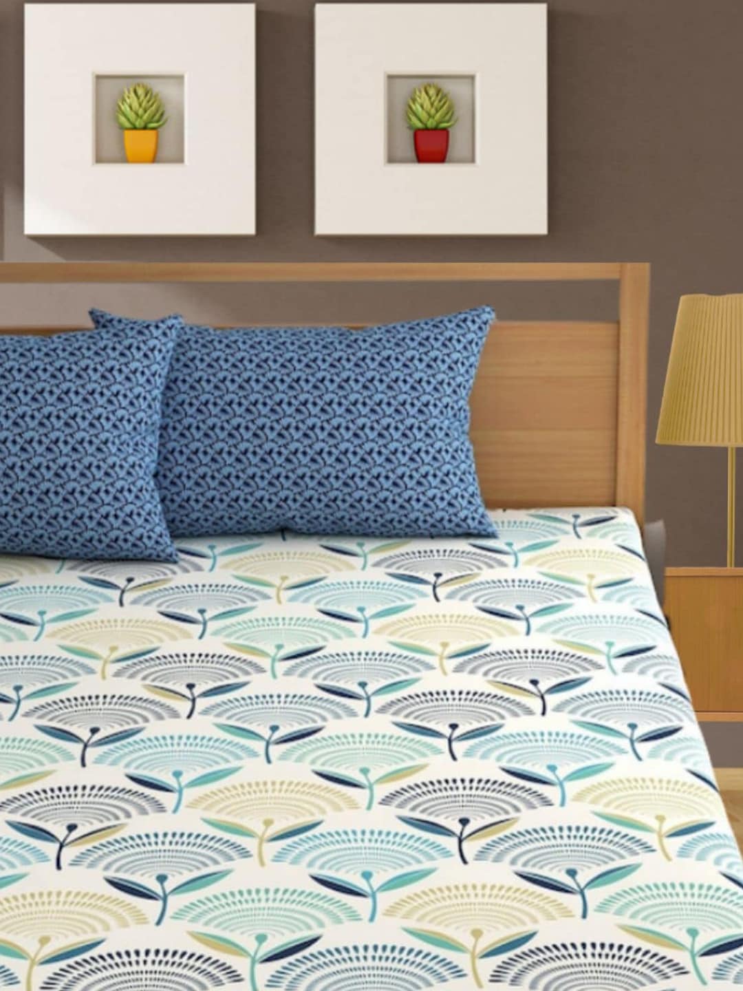 Bajo's White & Green Ethnic Motifs 350 TC Cotton King Bedsheet with 2 Pillow Covers