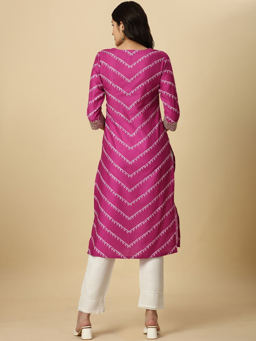 HERE&NOW Pink & White Bandhani Printed Sequinned Straight Kurta