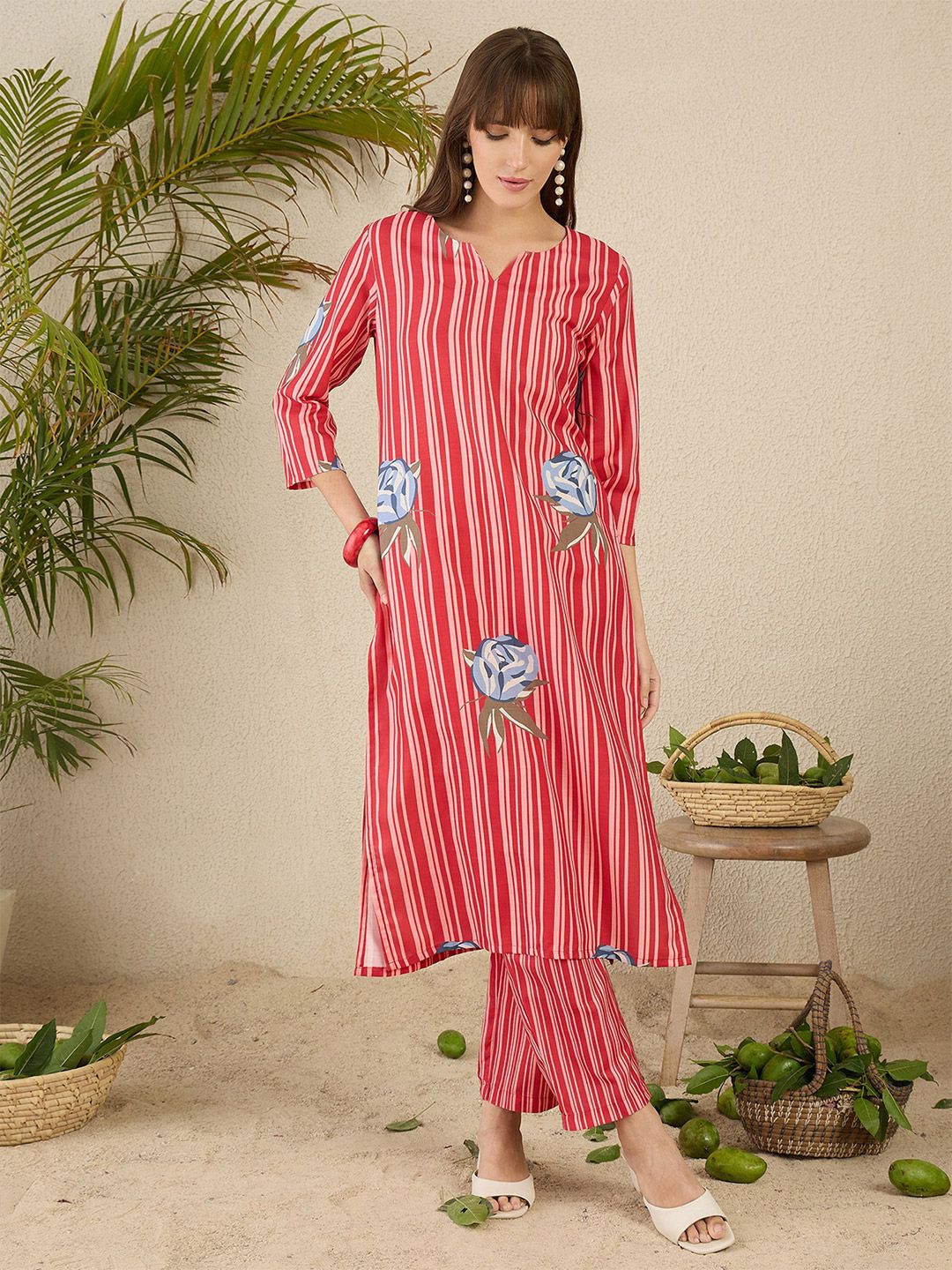 Indo Era Women Solid V-Neck Regular Kurta with Trousers - Distacart