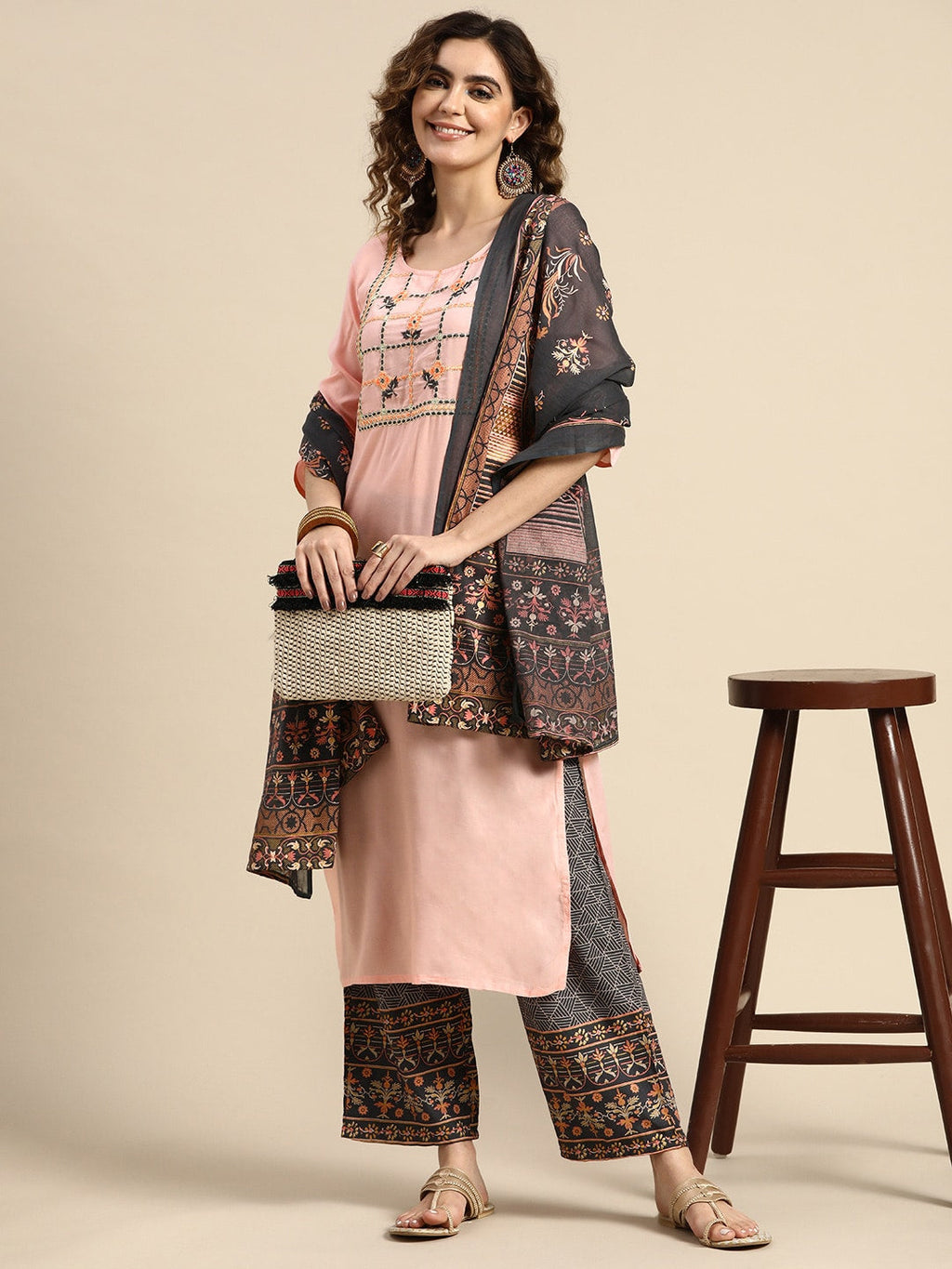 Sangria Women Floral Embroidered Thread Work Chanderi Silk Kurta With Palazzos & Dupatta