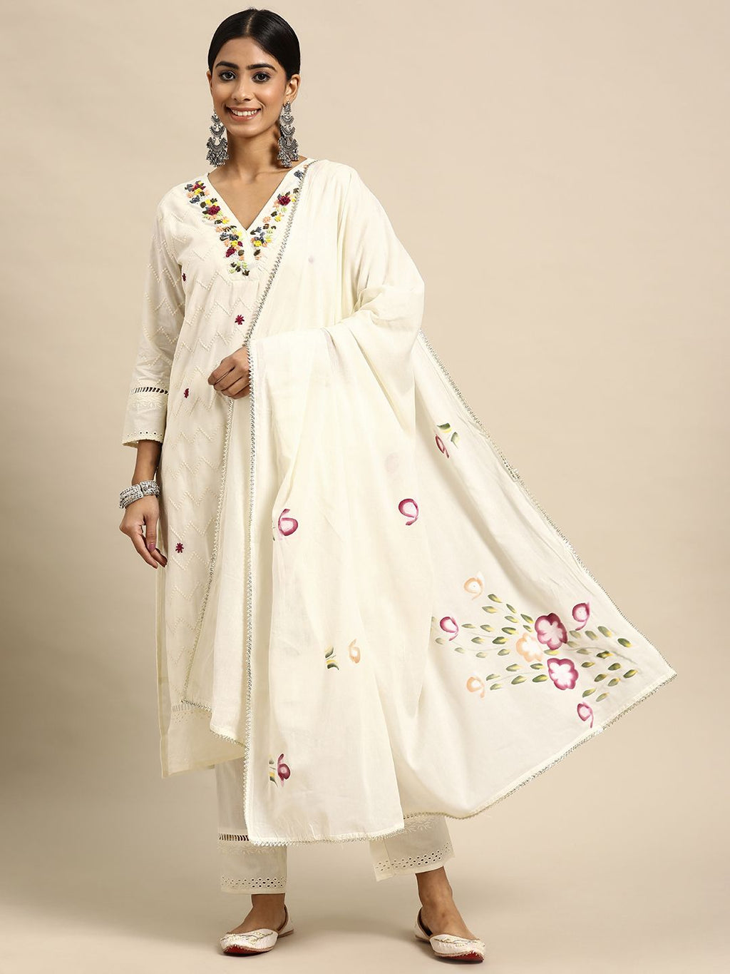 Sangria Women Embroidered Thread Work Pure Cotton Kurta with Trousers & With Dupatta