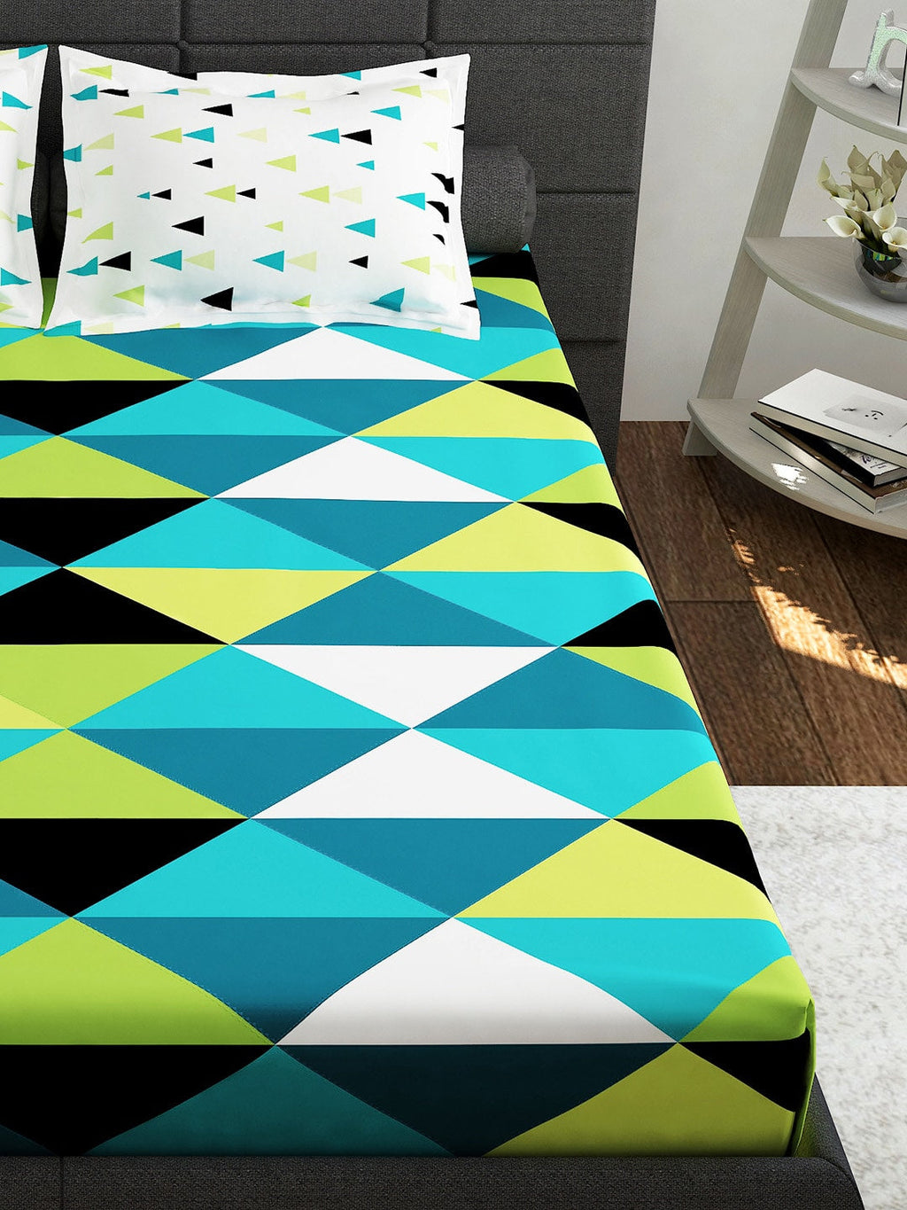 Story@home Ventura Teal & Black Geometric 152 TC Cotton Queen Bedsheet & 2 Pillow Covers - Distacart