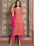 Sangria Floral Printed Gotta Patti Pure Cotton Straight Kurta with Trousers & Dupatta