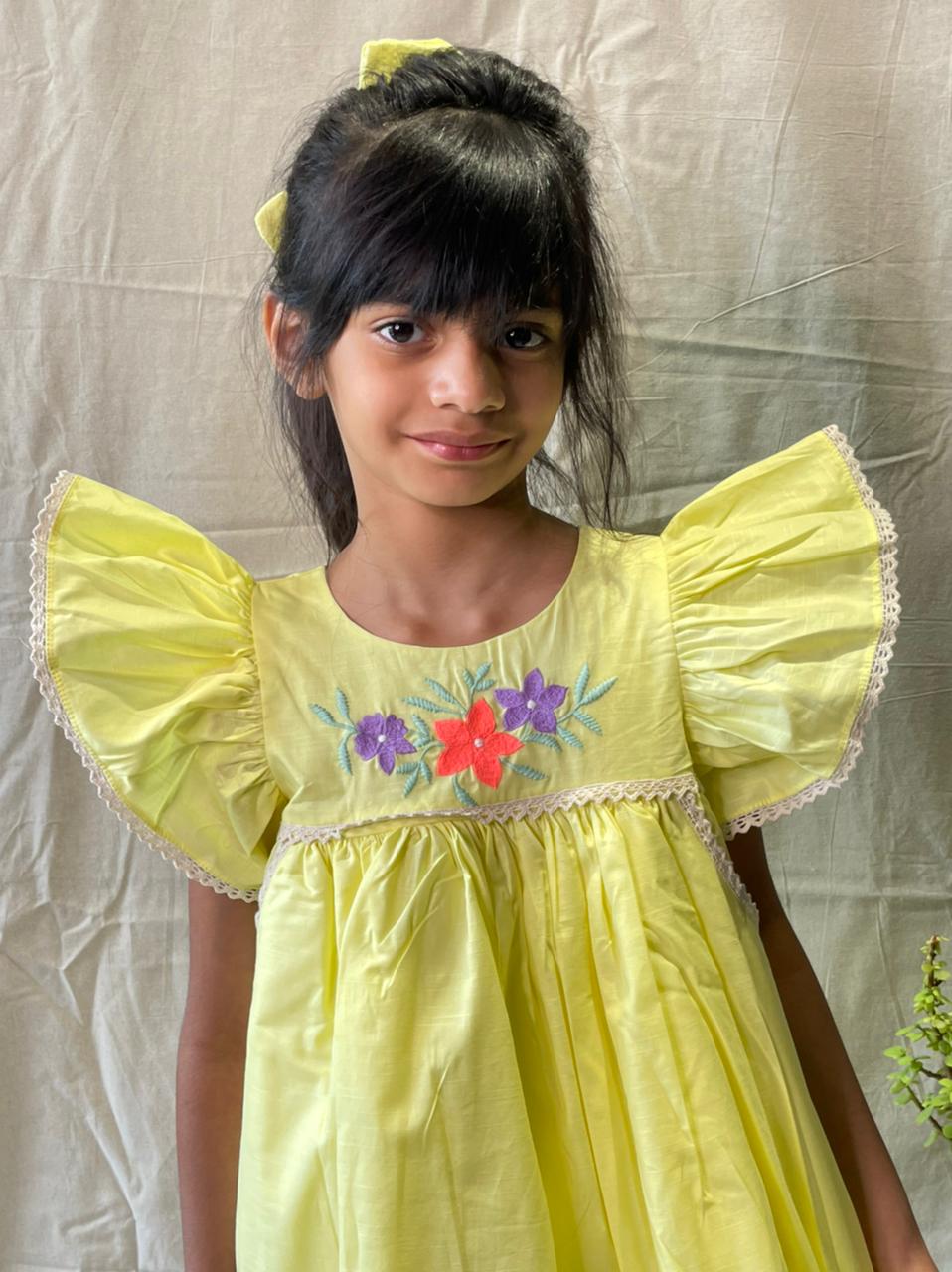 ArthLife Yellow Flower Embroidered Lace Dress