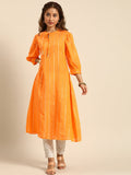 Sangria Women Jacquard Chanderi Silk Tie-Up Neck Puff Sleeves Kurta With Sequin Detail