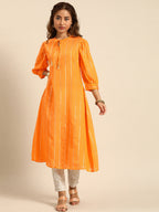 Sangria Women Jacquard Chanderi Silk Tie-Up Neck Puff Sleeves Kurta With Sequin Detail