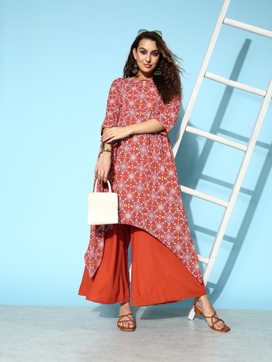 All About You Brick Red Printed Dipped Hem Veere Di Wedding A-Line Kurta with Palazzos
