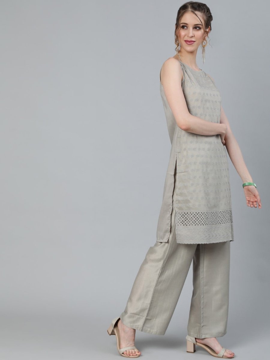 Aks Floral Embroidered Thread Work Sleeveless Kurta With Palazzos
