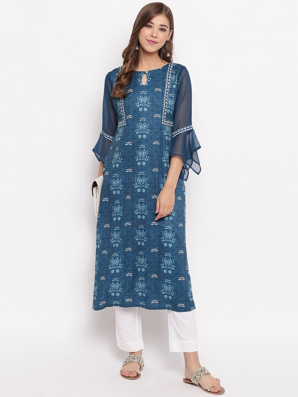 Janasya Blue Floral Printed Straight Kurta - Distacart