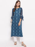 Janasya Blue Floral Printed Straight Kurta - Distacart
