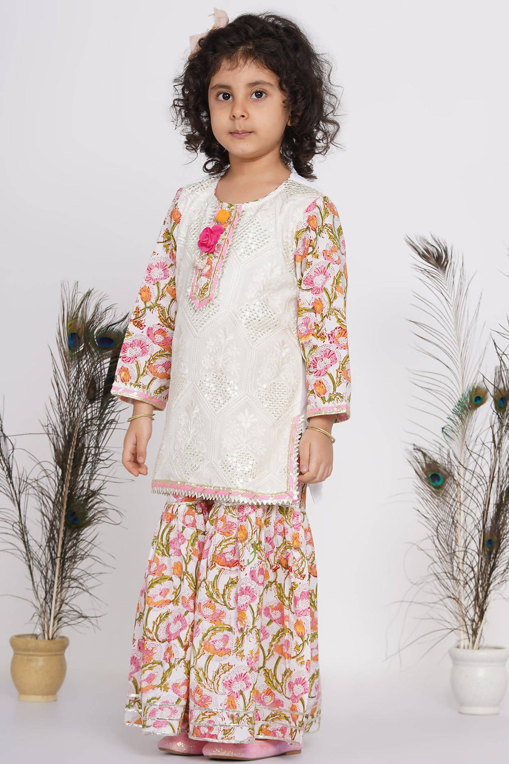 Little Bansi Girls Cotton Floral work Kurta with Floral Sharara & Dupatta - White