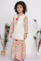 Little Bansi Girls Cotton Floral work Kurta with Floral Sharara & Dupatta - White