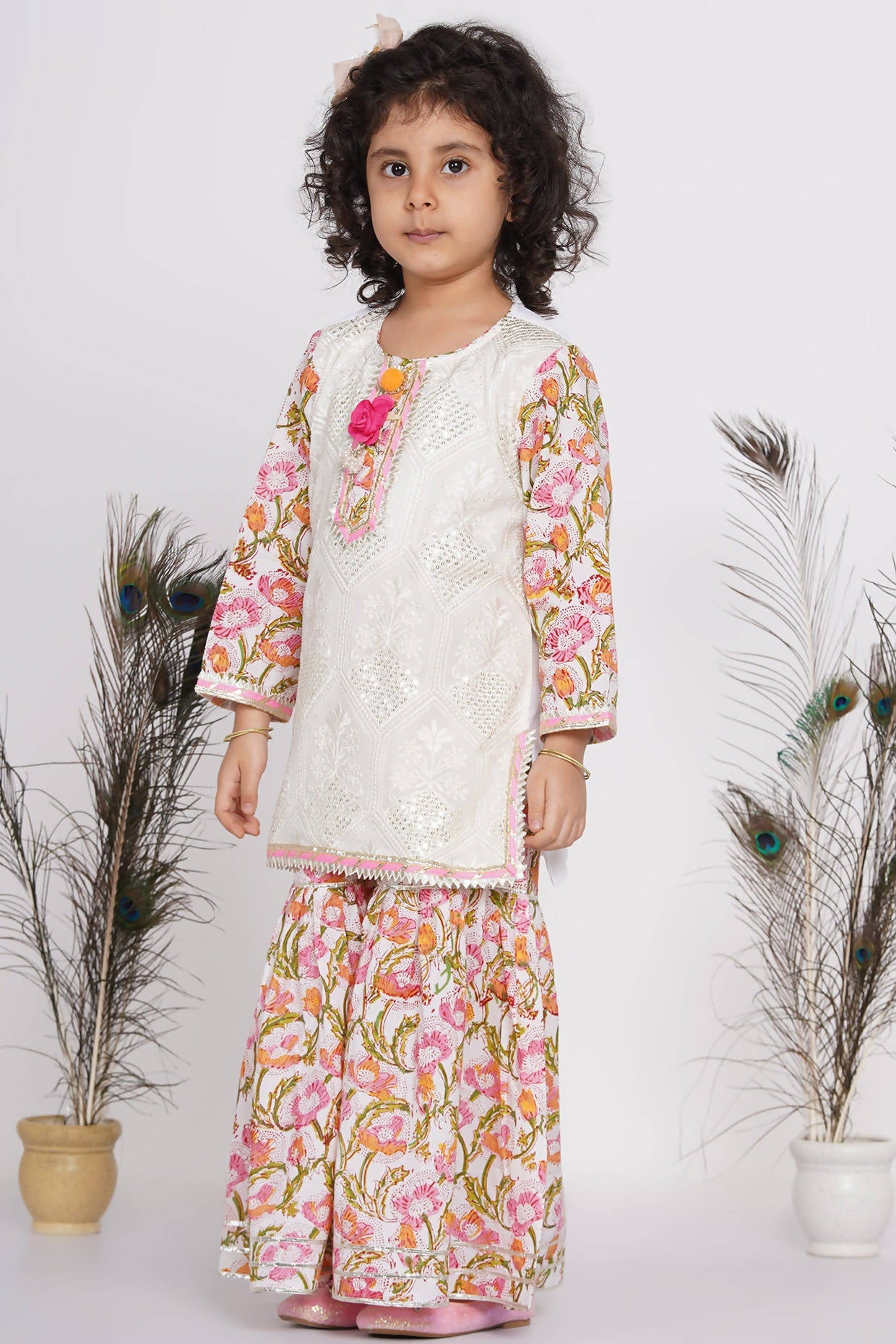 Little Bansi Girls Cotton Floral work Kurta with Floral Sharara & Dupatta - White