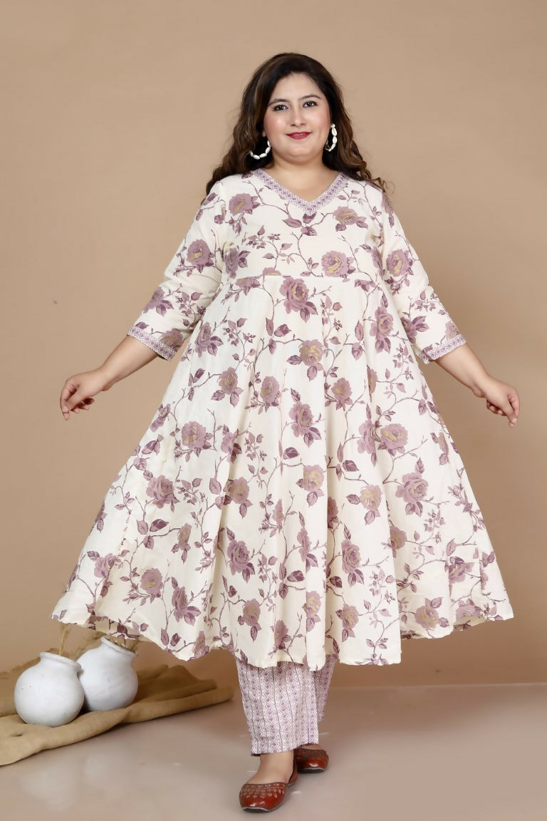 Miravan Women's Plus Size Pink Floral Printed Kurta With Palazzo