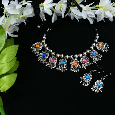 Mominos Fashion Johar Kamal Women Oxidised Silver-Plated Brass Finish Kundan Choker (Multi)